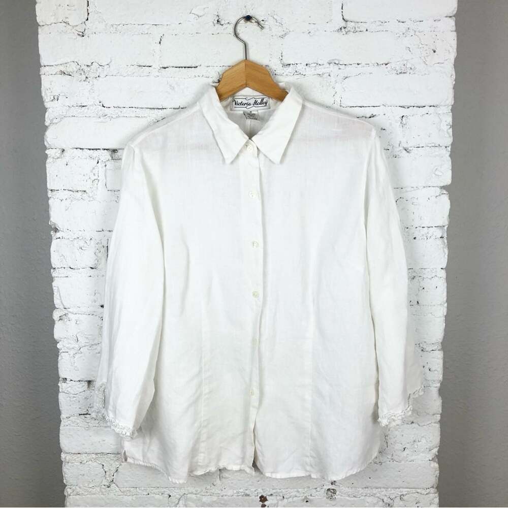Vintage Victoria Holly 100% Linen Ruffle Sleeve Button Down